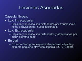 Lesiones Asociadas Cápsula fibrosa. Lux. Intracapsular Cápsula y periostio son distendidos por traumatismo, no se atraviesan por hueso lesionado. Lux. Extracapsular Cápsula y periostio son distendidos y atravesados por algún extremo óseo. En ojal Extremo óseo grande queda atrapado en cápsula y extremo pequeño atraviesa cápsula. EG    Cadera. 