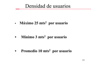 Densidad de usuarios


•   Máximo 25 mts2 por usuario


•   Mínimo 3 mts2 por usuario


•   Promedio 10 mts2 por usuario

                                   132
 