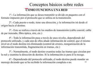 Conceptos básicos sobre redes
                       COMO FUNCIONA UNA RED
       1º.- La información que se desea transmitir se divide en paquetes con el
formato impuesto por el protocolo que se utiliza en la transmisión.
       2º.- Cada puesto o nodo, tiene una dirección, y la información irá desde el
origen hacia el destino.
        3º.- Esto se realiza a través de los medios de transmisión (cable coaxial, cable
de par trenzado, fibra óptica, aire, etc.)
        4º.- Toda la información pasa a través de unos niveles, dependiendo del
protocolo utilizado, y cada uno de ellos añade información de control, que el mismo
nivel en el nodo destino irá eliminando (control de errores, reorganización de la
información transmitida, fragmentación en tramas, etc.)
        5º.- Normalmente, el nodo destino examina todas las tramas que circulan por
la red y examina la dirección de destino. Si la información es para él la recoge.
      6º.- Dependiendo del protocolo utilizado, el nodo destino puede mandar un
mensaje diciendo que se ha recibido la información completa o no.          19
 
