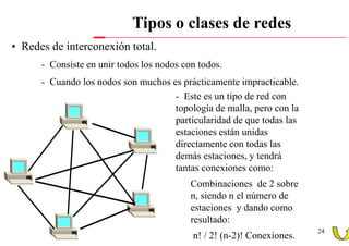 Tipos o clases de redes
• Redes de interconexión total.
      - Consiste en unir todos los nodos con todos.
      - Cuando los nodos son muchos es prácticamente impracticable.
                                     - Este es un tipo de red con
                                     topología de malla, pero con la
                                     particularidad de que todas las
                                     estaciones están unidas
                                     directamente con todas las
                                     demás estaciones, y tendrá
                                     tantas conexiones como:
                                           Combinaciones de 2 sobre
                                           n, siendo n el número de
                                           estaciones y dando como
                                           resultado:
                                                                        24
                                           n! / 2! (n-2)! Conexiones.
 