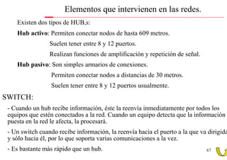 Elementos que intervienen en las redes.
     Existen dos tipos de HUB,s:
     Hub activo: Permiten conectar nodos de hasta 609 metros.
                  Suelen tener entre 8 y 12 puertos.
                  Realizan funciones de amplificación y repetición de señal.
     Hub pasivo: Son simples armarios de conexiones.
                   Permiten conectar nodos a distancias de 30 metros.
                   Suelen tener entre 8 y 12 puertos usualmente.
• SWITCH:
  - Cuando un hub recibe información, éste la reenvía inmediatamente por todos los
  equipos que estén conectados a la red. Cuando un equipo detecta que la información
  puesta en la red le afecta, la procesará.
  - Un switch cuando recibe información, la reenvía hacia el puerto a la que va dirigida
  y sólo hacia él, por lo que soporta varias comunicaciones a la vez.
  - Es bastante más rápido que un hub.                                         67
 