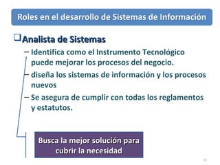 33
Analista de SistemasAnalista de Sistemas
– Identifica como el Instrumento Tecnológico
puede mejorar los procesos del negocio.
– diseña los sistemas de información y los procesos
nuevos
– Se asegura de cumplir con todas los reglamentos
y estatutos.
Busca la mejor solución paraBusca la mejor solución para
cubrir la necesidadcubrir la necesidad
 