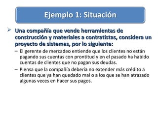  Una compañía que vende herramientas deUna compañía que vende herramientas de
construcción y materiales a contratistas, considera unconstrucción y materiales a contratistas, considera un
proyecto de sistemas, por lo siguiente:proyecto de sistemas, por lo siguiente:
– El gerente de mercadeo entiende que los clientes no están
pagando sus cuentas con prontitud y en el pasado ha habido
cuentas de clientes que no pagan sus deudas.
– Piensa que la compañía debería no extender más crédito a
clientes que ya han quedado mal o a los que se han atrasado
algunas veces en hacer sus pagos.
 