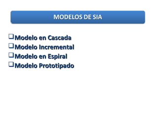 Modelo en CascadaModelo en Cascada
Modelo IncrementalModelo Incremental
Modelo en EspiralModelo en Espiral
Modelo PrototipadoModelo Prototipado
 