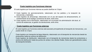 Costo logístico por funciones internas
El costo logístico por funciones internas se puede clasificar en 3 tipos:
 Costo logístico de aprovisionamiento, relacionado con los pedidos y la recepción de
mercancías y materiales.
 Costo logístico de almacenaje, relacionado con el uso del espacio de almacenamiento, el
mantenimiento de la bodega, la tenencia de stock, entre otros.
 Costo logístico de la información, relacionado con el proceso de administración del stock, el
control de existencias, la gestión de devoluciones, entre otros.
Costo logístico por funciones externas
El costo logístico por funciones externas está asociado principalmente al transporte de mercancías, y se
puede dividir en 2 tipos:
Costo logístico por transporte de larga distancia, relacionado con el transporte de mercancías desde los
productores hasta los centros de distribución.
Costo logístico de distribución, relacionado con el transporte de mercancías desde los productores o
centros de distribución hasta los puntos de ventas o los clientes finales. Estos son generalmente costos
de transporte terrestre.
 