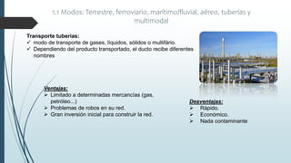 1.1 Modos: Terrestre, ferroviario, marítimo/fluvial, aéreo, tuberías y
multimodal
Transporte tuberías:
 modo de transporte de gases, líquidos, sólidos o multifário.
 Dependiendo del producto transportado, el ducto recibe diferentes
nombres
Desventajas:
 Rápido.
 Económico.
 Nada contaminante
Ventajas:
 Limitado a determinadas mercancías (gas,
petróleo...)
 Problemas de robos en su red.
 Gran inversión inicial para construir la red.
 
