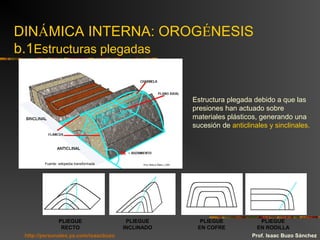 DINÁMICA INTERNA: OROGÉNESIS
b.1Estructuras plegadas
Estructura plegada debido a que las
presiones han actuado sobre
materiales plásticos, generando una
sucesión de anticlinales y sinclinales.
PLIEGUE
RECTO
PLIEGUE
INCLINADO
PLIEGUE
EN COFRE
PLIEGUE
EN RODILLA
Fuente: wikipedia transformada
Prof. Isaac Buzo Sánchezhttp://personales.ya.com/isaacbuzo
 