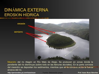 DINÁMICA EXTERNA
EROSIÓN HÍDRICA
EROSIÓN
DEPÓSITO
Meandro del río Alagón en Río Malo de Abajo. Se producen en zonas donde la
pendiente del río disminuye (sobre todo en las llanuras aluviales). En la parte convexa
del meandro se depositan los sedimentos, mientras que en la cóncava actúa la fuerza
erosiva del río.
Prof. Isaac Buzo SánchezFuente: Elaboración propiahttp://personales.ya.com/isaacbuzo
 