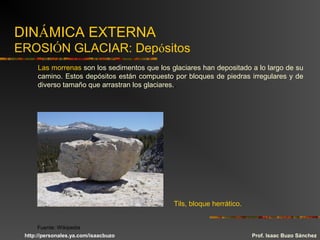 DINÁMICA EXTERNA
EROSIÓN GLACIAR: Depósitos
Las morrenas son los sedimentos que los glaciares han depositado a lo largo de su
camino. Estos depósitos están compuesto por bloques de piedras irregulares y de
diverso tamaño que arrastran los glaciares..
Tils, bloque herrático.
Prof. Isaac Buzo Sánchez
Fuente: Wikipedia
http://personales.ya.com/isaacbuzo
 