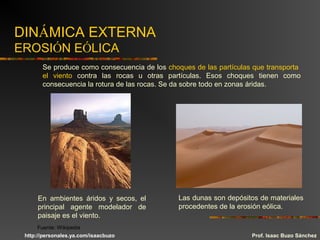 DINÁMICA EXTERNA
EROSIÓN EÓLICA
Se produce como consecuencia de los choques de las partículas que transporta
el viento contra las rocas u otras partículas. Esos choques tienen como
consecuencia la rotura de las rocas. Se da sobre todo en zonas áridas.
Las dunas son depósitos de materiales
procedentes de la erosión eólica.
En ambientes áridos y secos, el
principal agente modelador de
paisaje es el viento.
Prof. Isaac Buzo Sánchez
Fuente: Wikipedia
http://personales.ya.com/isaacbuzo
 