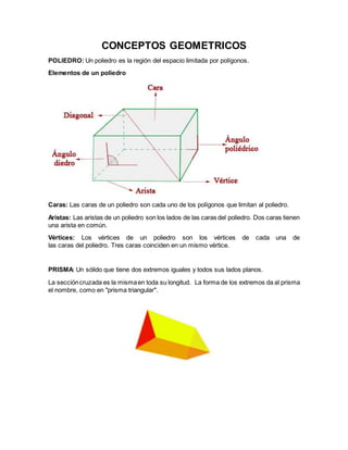 CONCEPTOS GEOMETRICOS
POLIEDRO: Un poliedro es la región del espacio limitada por polígonos.
Elementos de un poliedro
Caras: Las caras de un poliedro son cada uno de los polígonos que limitan al poliedro.
Aristas: Las aristas de un poliedro son los lados de las caras del poliedro. Dos caras tienen
una arista en común.
Vértices: Los vértices de un poliedro son los vértices de cada una de
las caras del poliedro. Tres caras coinciden en un mismo vértice.
PRISMA: Un sólido que tiene dos extremos iguales y todos sus lados planos.
La seccióncruzada es la mismaen toda su longitud. La forma de los extremos da al prisma
el nombre, como en "prisma triangular".
 