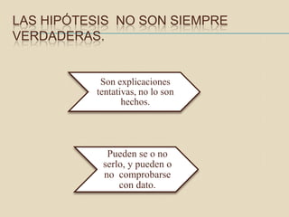 LAS HIPÓTESIS NO SON SIEMPRE
VERDADERAS.


           Son explicaciones
          tentativas, no lo son
                 hechos.




            Pueden se o no
           serlo, y pueden o
           no comprobarse
               con dato.
 