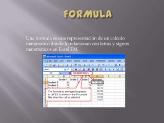 Una formula es una representación de un calculo
matemático donde lo relacionan con letras y signos
matemáticos en Excel TM.
 