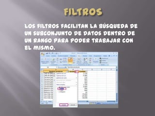 Los filtros facilitan la búsqueda de
un subconjunto de datos dentro de
un rango para poder trabajar con
el mismo.
 