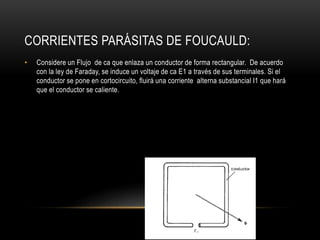 CORRIENTES PARÁSITAS DE FOUCAULD:
• Considere un Flujo de ca que enlaza un conductor de forma rectangular. De acuerdo
con la ley de Faraday, se induce un voltaje de ca E1 a través de sus terminales. Si el
conductor se pone en cortocircuito, fluirá una corriente alterna substancial I1 que hará
que el conductor se caliente.
 