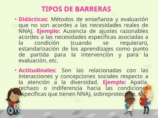 TIPOS DE BARRERAS
• Didácticas: Métodos de enseñanza y evaluación
que no son acordes a las necesidades reales de
NNAJ. Ejemplo: Ausencia de ajustes razonables
acordes a las necesidades específicas asociadas a
la condición (cuando se requieran),
estandarización de los aprendizajes como punto
de partida para la intervención y para la
evaluación, etc.
• Actitudinales: Son las relacionadas con las
interacciones y concepciones sociales respecto a
la atención a la diversidad. Ejemplo: Apatía,
rechazo o indiferencia hacia las condiciones
específicas que tienen NNAJ, sobreprotección, etc.
 