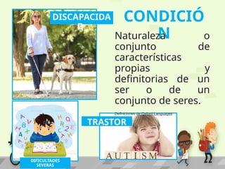 CONDICIÓ
N
DISCAPACIDA
D
TRASTOR
NO
Naturaleza o
conjunto de
características
propias y
definitorias de un
ser o de un
conjunto de seres.
Definiciones de Oxford Languages
DIFICULTADES
SEVERAS
 