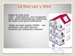 La Red Lan y Wan
Redes de área local
LAN): ordenadores que comparten
dato. están separadas por distancias
de hasta unos pocos kilómetros
Redes de área amplia (WAN): son
similares a las LAN, pero se
conectan por distancias mayores