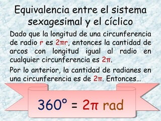 Equivalencia entre el sistema
sexagesimal y el cíclico
Dado que la longitud de una circunferencia
de radio r es 2πr, entonces la cantidad de
arcos con longitud igual al radio en
cualquier circunferencia es 2π.
Por lo anterior, la cantidad de radianes en
una circunferencia es de 2π. Entonces…
360° = 2π rad
 