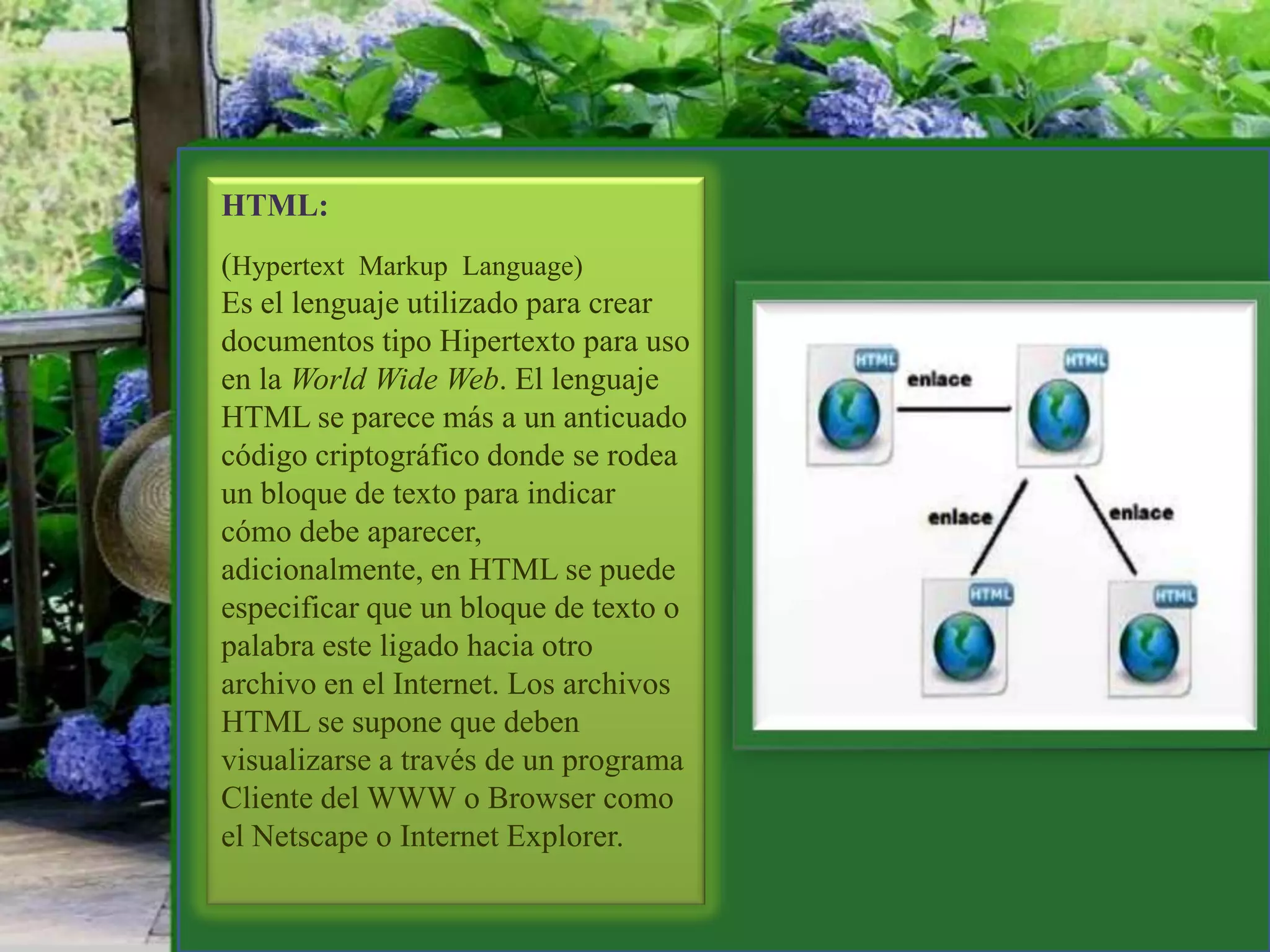 HTML: (Hypertext  Markup  Language) Es el lenguaje utilizado para crear documentos tipo Hipertexto para uso en la World Wide Web. El lenguaje HTML se parece más a un anticuado código criptográfico donde se rodea un bloque de texto para indicar cómo debe aparecer, adicionalmente, en HTML se puede especificar que un bloque de texto o palabra este ligado hacia otro archivo en el Internet. Los archivos HTML se supone que deben visualizarse a través de un programa Cliente del WWW o Browser como el Netscape o Internet Explorer.
