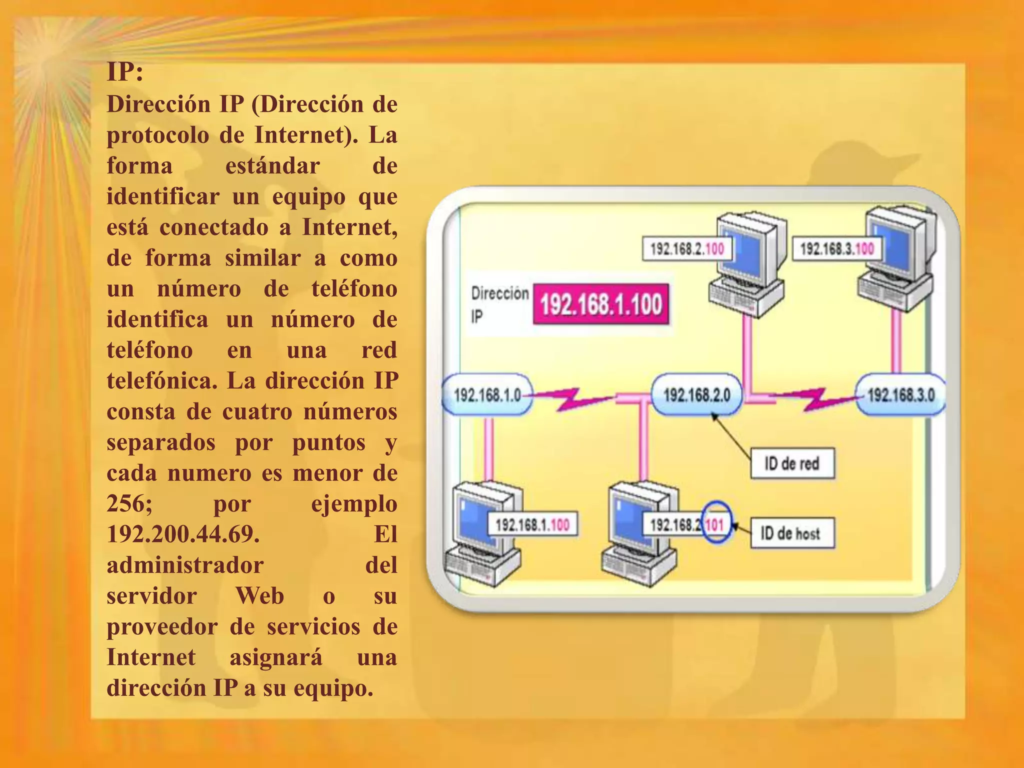 IP: Dirección IP (Dirección de protocolo de Internet). La forma estándar de identificar un equipo que está conectado a Internet, de forma similar a como un número de teléfono identifica un número de teléfono en una red telefónica. La dirección IP consta de cuatro números separados por puntos y cada numero es menor de 256; por ejemplo 192.200.44.69. El administrador del servidor Web o su proveedor de servicios de Internet asignará una dirección IP a su equipo.