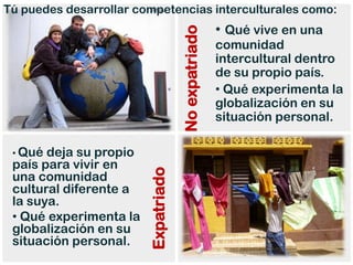 Tú puedes desarrollar competencias interculturales como:
                                                     • Qué vive en una




                                     No expatriado
                                                     comunidad
                                                     intercultural dentro
                                                     de su propio país.
                                                     • Qué experimenta la
                                                     globalización en su
                                                     situación personal.

 • Qué deja su propio
 país para vivir en     Expatriado
 una comunidad
 cultural diferente a
 la suya.
 • Qué experimenta la
 globalización en su
 situación personal.
 