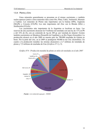 72.02 Industrias I Minerales de Uso Industrial
10
1.5.4 Plomo y Cinc
Estos minerales generalmente se presentan en el mismo yacimiento, y también
suelen aparecer juntos a otros minerales tales como Oro, Plata, Cobre, Antimonio, Bismuto
y Cadmio. Los minerales de Plomo más importantes son la Galena (SPb), Anglesita
(SO4Pb) y Cerusita (CO3Pb). Los más importantes del Zinc son la Blenda (SZn) y
Smithsonita (CO3Zn)
Los yacimientos más importantes de la Argentina se localizan en Jujuy. Las
reservas de este yacimiento alcanzan los 9 millones de toneladas con una ley de 11% en Pb
y del 16% de Zn, con un contenido de Ag de 280 gr. por tonelada de mineral. Existen
también yacimientos en Mendoza (Paramillo de Uspallata) y en Río Negro (Gonzalito). La
producción alcanzó en el año 2009 en nuestro país las 700.000 toneladas de Galena en
bruto. Por la parte del cinc, en el 2009 se produjeron 40.000 tn de Cinc electrolítico. En
cuanto a la producción mundial, las mismas alcanzaron a 2,7 millones de toneladas de
plomo y 7,5 millones de toneladas de Cinc (Gráficos Nº 4 y 5).
Gráfico Nº4 - Producción mundial de plomo en miles de toneladas en el año 2007
Fuente: www.minerals.usgs.gov - INDEC
 
