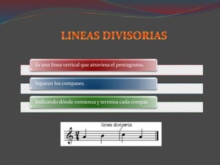 Es una línea vertical que atraviesa el pentagrama.
Separan los compases.
Indicando dónde comienza y termina cada compás.
 