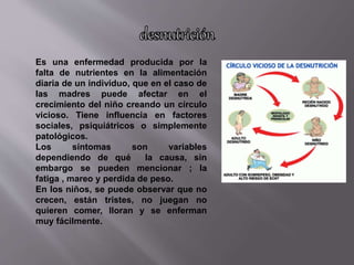 Es una enfermedad producida por la
falta de nutrientes en la alimentación
diaria de un individuo, que en el caso de
las madres puede afectar en el
crecimiento del niño creando un círculo
vicioso. Tiene influencia en factores
sociales, psiquiátricos o simplemente
patológicos.
Los síntomas son variables
dependiendo de qué la causa, sin
embargo se pueden mencionar ; la
fatiga , mareo y perdida de peso.
En los niños, se puede observar que no
crecen, están tristes, no juegan no
quieren comer, lloran y se enferman
muy fácilmente.
 