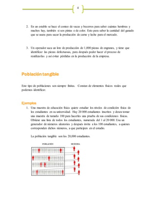 4
2. En un establo se hace el conteo de vacas y becerros para saber cuántas hembras y
machos hay, también si son pintas o de color. Esto para saber la cantidad del ganado
que se usara para sacar la producción de carne y leche para el mercado.
3. Un operador saca un lote de producción de 1,000 piezas de engranes, y tiene que
identificar las piezas defectuosas, para después poder hacer el proceso de
reutilizarlas y así evitar pérdidas en la producción de la empresa.
Población tangible
Este tipo de poblaciones son siempre finitas. Constan de elementos físicos reales que
podemos identificar.
Ejemplos
1. Una maestra de educación física quiere estudiar los niveles de condición física de
los estudiantes en su universidad. Hay 20 000 estudiantes inscritos y desea tomar
una muestra de tamaño 100 para hacerles una prueba de sus condiciones físicas.
Obtiene una lista de todos los estudiantes, numerada del 1 al 20 000. Usa un
generador de números aleatorios y después invita a los 100 estudiantes, a quienes
corresponden dichos números, a que participen en el estudio.
La población tangible son los 20,000 estudiantes.
 
