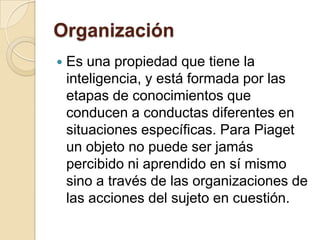 Organización
   Es una propiedad que tiene la
    inteligencia, y está formada por las
    etapas de conocimientos que
    conducen a conductas diferentes en
    situaciones específicas. Para Piaget
    un objeto no puede ser jamás
    percibido ni aprendido en sí mismo
    sino a través de las organizaciones de
    las acciones del sujeto en cuestión.
 