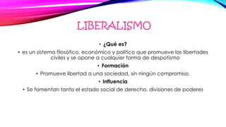 LIBERALISMO
• ¿Qué es?
• es un sistema filosófico, económico y político que promueve las libertades
civiles y se opone a cualquier forma de despotismo
• Formación
• Promueve libertad a una sociedad, sin ningún compromiso.
• Influencia
• Se fomentan tanto el estado social de derecho, divisiones de poderes
 