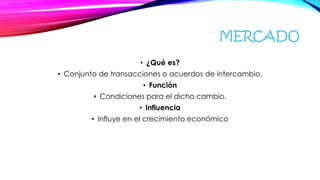 MERCADO
• ¿Qué es?
• Conjunto de transacciones o acuerdos de intercambio.
• Función
• Condiciones para el dicho cambio.
• Influencia
• Influye en el crecimiento económico
 