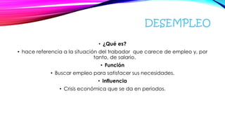 DESEMPLEO
• ¿Qué es?
• hace referencia a la situación del trabador que carece de empleo y, por
tanto, de salario.
• Función
• Buscar empleo para satisfacer sus necesidades.
• Influencia
• Crisis económica que se da en periodos.
 