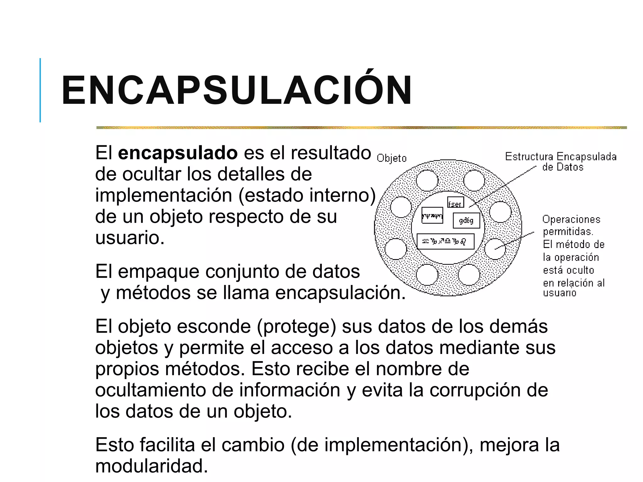 ENCAPSULACIÓN
El encapsulado es el resultado
de ocultar los detalles de
implementación (estado interno)
de un objeto respecto de su
usuario.
El empaque conjunto de datos
y métodos se llama encapsulación.
El objeto esconde (protege) sus datos de los demás
objetos y permite el acceso a los datos mediante sus
propios métodos. Esto recibe el nombre de
ocultamiento de información y evita la corrupción de
los datos de un objeto.
Esto facilita el cambio (de implementación), mejora la
modularidad.
 