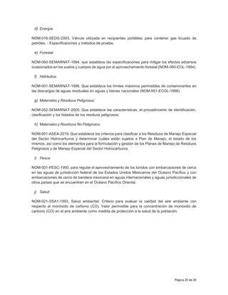 Página 20 de 26
d) Energía:
NOM-016-SEDG-2003, Válvula utilizada en recipientes portátiles para contener gas licuado de
petróleo. - Especificaciones y métodos de prueba.
e) Forestal:
NOM-060-SEMARNAT-1994, que establece las especificaciones para mitigar los efectos adversos
ocasionados en los suelos y cuerpos de agua por el aprovechamiento forestal (NOM-060-COL-1994).
f) Hidráulica:
NOM-001-SEMARNAT-1996, Que establece los límites máximos permisibles de contaminantes en
las descargas de aguas residuales en aguas y bienes nacionales (NOM-001-ECOL-1996).
g) Materiales y Residuos Peligrosos:
NOM-052-SEMARNAT-2005, Que establece las características, el procedimiento de identificación,
clasificación y los listados de los residuos peligrosos.
h) Materiales y Residuos No Peligrosos:
NOM-001-ASEA-2019, Que establece los criterios para clasificar a los Residuos de Manejo Especial
del Sector Hidrocarburos y determinar cuáles están sujetos a Plan de Manejo; el listado de los
mismos, así como los elementos para la formulación y gestión de los Planes de Manejo de Residuos
Peligrosos y de Manejo Especial del Sector Hidrocarburos.
i) Pesca:
NOM-001-PESC-1993, para regular el aprovechamiento de los túnidos con embarcaciones de cerco
en las aguas de jurisdicción federal de los Estados Unidos Mexicanos del Océano Pacífico y con
embarcaciones de cerco de bandera mexicana en aguas internacionales y aguas jurisdiccionales de
otros países que se encuentren en el Océano Pacífico Oriental.
j) Salud:
NOM-021-SSA1-1993, Salud ambiental. Criterio para evaluar la calidad del aire ambiente con
respecto al monóxido de carbono (CO). Valor permisible para la concentración de monóxido de
carbono (CO) en el aire ambiente como medida de protección a la salud de la población.
 