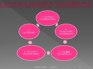 1.- CONTEO Y 
COMBINATORIA 
2.- 
ECUACIONES 
ALGEBRAICAS 
3.- FIGURAS 
GEOMÉTRICAS 
4.- RAZONES Y 
PROPORCIONES 
FRANCISCO MUNIVE 01/12/2014 4 
5.- 
SUCESIONES 
 