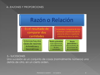 4.- RAZONES Y PROPORCIONES 
5.- SUCESIONES 
Una sucesión es un conjunto de cosas (normalmente números) una 
detrás de otra, en un cierto orden. 
FRANCISCO MUNIVE 01/12/2014 6 
 