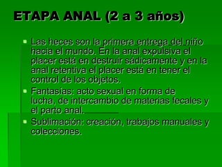 ETAPA ANAL (2 a 3 años)
  Las heces son la primera entrega del niño
   hacia el mundo. En la anal expulsiva el
   placer está en destruir sádicamente y en la
   anal retentiva el placer está en tener el
   control de los objetos.
  Fantasías: acto sexual en forma de
   lucha, de intercambio de materias fecales y
   el parto anal.
  Sublimación: creación, trabajos manuales y
   colecciones.
 