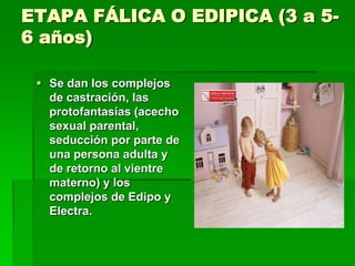 ETAPA FÁLICA O EDIPICA (3 a 5-
6 años)

  Se dan los complejos
   de castración, las
   protofantasías (acecho
   sexual parental,
   seducción por parte de
   una persona adulta y
   de retorno al vientre
   materno) y los
   complejos de Edipo y
   Electra.
 