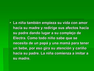  La niña también empieza su vida con amor
  hacia su madre y redirige sus afectos hacia
  su padre dando lugar a su complejo de
  Electra. Como todo niño sabe que se
  necesita de un papá y una mamá para tener
  un bebe, por eso gira su atención y cariño
  hacia su padre. La niña comienza a imitar a
  su madre.
 
