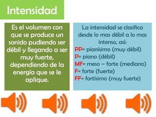 La intensidad se clasifica
desde lo mas débil a lo mas
intenso, así:
PP= pianísimo (muy débil)
P= piano (débil)
MF= meso – forte (mediano)
F= forte (fuerte)
FF= fortísimo (muy fuerte)
Es el volumen con
que se produce un
sonido pudiendo ser
débil y llegando a ser
muy fuerte,
dependiendo de la
energía que se le
aplique.
Intensidad
 