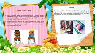 DETRÁS DELANTE
• En un lugar que está en una posición posterior a otra que se toma
como referencia, que puede ser el propio observador u otra persona
o cosa; o en un lugar que queda más alejado del observador que
otro lugar que está alineado con estos.
• Delante es otro adverbio de lugar que significa “en la parte
anterior o enfrente”. denota una posición en la parte anterior, o
prioridad de lugar. Ejemplos: la pelota está delante de la silla, este
libro está delante del otro.
ENTRE
Es lo que se halla en el centro entre dos extremos, puede ser de
algo material, como en medio de algo, esto refuerza más el
aprendizaje del niño(a) para que tenga conocimiento de lo que
está en medio de algo. por ejemplo: la pelota esta
 