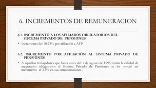 6. INCREMENTOS DE REMUNERACION
6.1. INCREMENTO A LOS AFILIADOS OBLIGATORIOS DEL
SISTEMA PRIVADO DE PENSIONES
• Incremento del 10.23% por afiliación a AFP
6.2. INCREMENTO POR AFILIACIÓN AL SISTEMA PRIVADO DE
PENSIONES
• A aquellos trabajadores que hasta antes del 1 de agosto de 1995 tenían la calidad de
asegurados obligatorios al Sistema Privado de Pensiones se les otorgó un
incremento el 3.3% en sus remuneraciones .
 