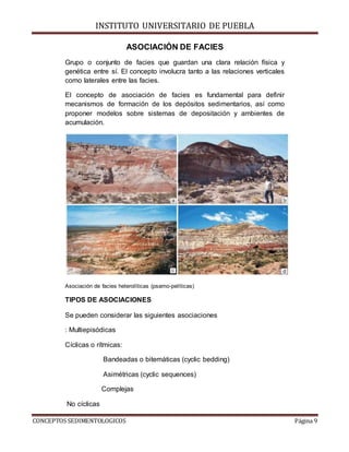 INSTITUTO UNIVERSITARIO DE PUEBLA
CONCEPTOS SEDIMENTOLOGICOS Página 9
ASOCIACIÓN DE FACIES
Grupo o conjunto de facies que guardan una clara relación física y
genética entre sí. El concepto involucra tanto a las relaciones verticales
como laterales entre las facies.
El concepto de asociación de facies es fundamental para definir
mecanismos de formación de los depósitos sedimentarios, así como
proponer modelos sobre sistemas de depositación y ambientes de
acumulación.
Asociación de facies heterolíticas (psamo-pelíticas)
TIPOS DE ASOCIACIONES
Se pueden considerar las siguientes asociaciones
: Multiepisódicas
Cíclicas o rítmicas:
Bandeadas o bitemáticas (cyclic bedding)
Asimétricas (cyclic sequences)
Complejas
No cíclicas
 