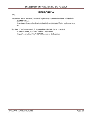 INSTITUTO UNIVERSITARIO DE PUEBLA
CONCEPTOS SEDIMENTOLOGICOS Página 13
BIBLIOGRAFÍA
(s.f.).
Facultad deCiencias Naturalesy Museo de Argentina.(s.f.).Obtenidode ANALISISDEFACIES
SEDIMENTARIAS:
http://www.fcnym.unlp.edu.ar/catedras/sedimentologia/pdf/facies_sedimentarias.p
df
GUZMAN, D. A. (03 de 12 de 2012). GEOLOGIA DE EXPLORACION DEPETROLEO.
COSAMALOAPAN,VERACRUZ,MEXICO.Obtenidode
https://es.scribd.com/doc/247172057/Ambiente-de-Depositos
 