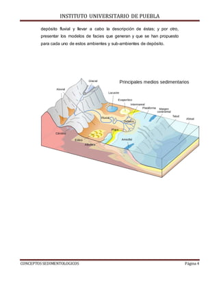 INSTITUTO UNIVERSITARIO DE PUEBLA
CONCEPTOS SEDIMENTOLOGICOS Página 4
depósito fluvial y llevar a cabo la descripción de éstas; y por otro,
presentar los modelos de facies que generan y que se han propuesto
para cada uno de estos ambientes y sub-ambientes de depósito.
 