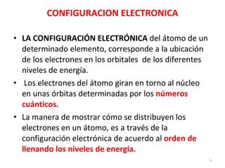 CONFIGURACION ELECTRONICA LA CONFIGURACIÓN ELECTRÓNICA  del átomo de un determinado elemento, corresponde a la ubicación de los electrones en los orbitales  de los diferentes niveles de energía. Los electrones del átomo giran en torno al núcleo en unas órbitas determinadas por los  números cuánticos. La manera de mostrar cómo se distribuyen los electrones en un átomo, es a través de la configuración electrónica de acuerdo al  orden de llenando los niveles de energía. 