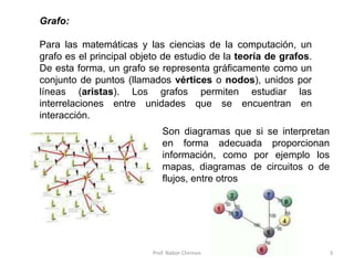 Prof. Nabor Chirinos 3
Grafo:
Para las matemáticas y las ciencias de la computación, un
grafo es el principal objeto de estudio de la teoría de grafos.
De esta forma, un grafo se representa gráficamente como un
conjunto de puntos (llamados vértices o nodos), unidos por
líneas (aristas). Los grafos permiten estudiar las
interrelaciones entre unidades que se encuentran en
interacción.
Son diagramas que si se interpretan
en forma adecuada proporcionan
información, como por ejemplo los
mapas, diagramas de circuitos o de
flujos, entre otros
 