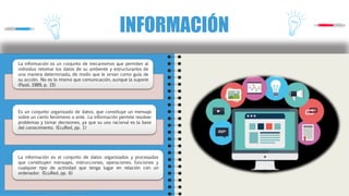 INFORMACIÓN
Facultad de Humanidades y Educación.
La información es un conjunto de mecanismos que permiten al
individuo retomar los datos de su ambiente y estructurarlos de
una manera determinada, de modo que le sirvan como guía de
su acción. No es lo mismo que comunicación, aunque la supone
(Paoli, 1989, p. 15)
Es un conjunto organizado de datos, que constituye un mensaje
sobre un cierto fenómeno o ente. La información permite resolver
problemas y tomar decisiones, ya que su uso racional es la base
del conocimiento. (EcuRed, pp. 1)
La información es el conjunto de datos organizados y procesados
que constituyen mensajes, instrucciones, operaciones, funciones y
cualquier tipo de actividad que tenga lugar en relación con un
ordenador. (EcuRed, pp. 6)
 